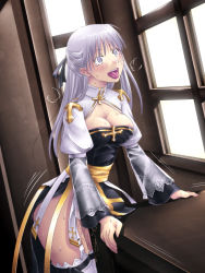 Rule 34 | 1girl, ahegao, alternate color, arch bishop (ragnarok online), breasts, cleavage, crotch rub, female masturbation, fucked silly, long hair, masturbation, mr.romance, open mouth, purple eyes, purple hair, pussy juice, ragnarok online, saliva, silver hair, solo, sweat, table humping, tears, thighhighs, tongue