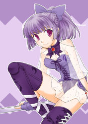 Rule 34 | 1girl, aisha landar, bare shoulders, blunt bangs, braid, breasts, cleavage, clothing cutout, corset, elsword, leotard, leotard under clothes, outline, ponytail, purple background, ribbon, see-through, shoulder cutout, solo, thighhighs, thighs, vineger