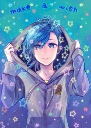Rule 34 | 1boy, bad id, bad pixiv id, blue eyes, blue hair, commentary request, english text, highres, hood, hood up, hooded jacket, hoodie, jacket, looking at viewer, male focus, medium hair, mikaze ai, multicolored clothes, multicolored jacket, nishiki koi, ponytail, shirt, smile, solo, star (symbol), two-tone jacket, upper body, uta no prince-sama, yellow shirt, zipper