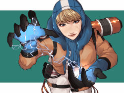 Rule 34 | 1girl, apex legends, blue gloves, blue sweater, bodysuit, cable, electricity, eyebrows hidden by hair, facial scar, freckles, gloves, highres, hood, hood up, hooded bodysuit, jacket, leaning forward, lichtenberg figure, looking at viewer, open hands, orange jacket, ribbed sweater, scar, scar on cheek, scar on face, solo, sweater, ukiyo okashi, wattson (apex legends), white bodysuit