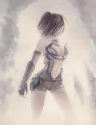 Rule 34 | 1girl, 2016, blurry, blurry background, breasts, breasts apart, center opening, choker, cross (xenoblade x), elbow gloves, fingerless gloves, fog, gloves, highres, lilithcosa, medium breasts, muted color, navel, nintendo, short shorts, shorts, solo, underboob, xenoblade chronicles (series), xenoblade chronicles x