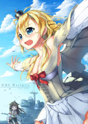 Rule 34 | 10s, 2girls, :d, ahoge, aircraft, airplane, armpits, blonde hair, blue eyes, blue sky, braid, breasts, brown hair, carillus, character name, cleavage, cloud, cloudy sky, collarbone, commentary request, corset, day, detached sleeves, double bun, dress, french braid, hairband, highres, kantai collection, kongou (kancolle), long hair, medium breasts, military, military vehicle, multiple girls, nontraditional miko, off-shoulder dress, off shoulder, open mouth, outdoors, outstretched arms, pleated skirt, ship, skirt, sky, smile, spread arms, thighhighs, warship, warspite (kancolle), watercraft, wind, aged down, zettai ryouiki
