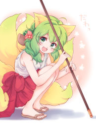 Rule 34 | 1girl, animal ears, cromi (shiki), fox ears, fox tail, green eyes, green hair, kyuubi (shikihime zoushi), matching hair/eyes, multiple tails, open mouth, sandals, shikihime zoushi, smile, solo, tail