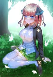 Rule 34 | 1girl, absurdres, black cardigan, black footwear, black ribbon, blue eyes, blunt bangs, blush, breasts, bug, butterfly, butterfly hair ornament, cardigan, eyebrows hidden by hair, forest, from side, go-toubun no hanayome, green skirt, hair ornament, highres, insect, kurosaki coco, large breasts, loafers, looking at viewer, nakano nino, nature, open cardigan, open clothes, outdoors, pink hair, ribbon, school uniform, shirt, shoes, sitting, skirt, sleeves past wrists, smile, thick thighs, thighhighs, thighs, twintails, wariza, white shirt, white thighhighs, zettai ryouiki