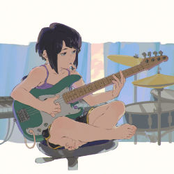 Rule 34 | 1girl, armpit peek, bare arms, bare shoulders, barefoot, black hair, black shorts, blunt bangs, boku no hero academia, cable, camisole, casual, chair, chromatic aberration, collarbone, curtains, cymbals, dolphin shorts, drum, drum set, electric guitar, expressionless, feet, film grain, from side, full body, guitar, half-closed eyes, hand up, highres, holding, holding instrument, indian style, indoors, instrument, jirou kyouka, keyboard (instrument), lip (lih8), looking to the side, mouth hold, music, office chair, on chair, outside border, outstretched arm, playing instrument, purple camisole, purple eyes, short hair, shorts, signature, sitting, solo, spaghetti strap, swivel chair, toenails, toes
