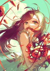 Rule 34 | 1girl, absurdres, bouquet, brown hair, cloud, commentary request, dress, falling petals, flower, fruct0se fa, gerbera, green eyes, green sky, hair between eyes, hair over mouth, highres, holding, holding bouquet, holding flower, long hair, original, petals, red flower, red ribbon, ribbon, sleeveless, sleeveless dress, solo, upper body, white dress, wind