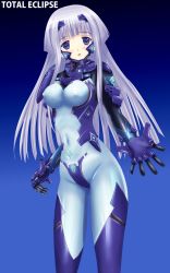 Rule 34 | 1girl, blue background, bodysuit, breasts, covered erect nipples, gradient background, hayasaka tsukasa, highres, impossible clothes, inia sestina, medium breasts, muv-luv, muv-luv alternative, muv-luv total eclipse, pilot suit, skin tight, solo