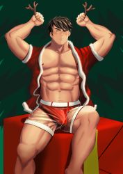 Rule 34 | 1boy, abs, absurdres, antlers, bara, bare pectorals, blush, bulge, christmas, erection, erection under clothes, facial hair, feet out of frame, hands up, highres, horns, jacket, large pectorals, male focus, mature male, muscular, muscular male, navel, navel hair, nipples, open clothes, open jacket, original, pectorals, reindeer antlers, santa costume, see-through, see-through legwear, short hair, sideburns, solo, stomach, stubble, tanglijianxue, thick eyebrows, thick thighs, thighs