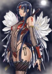 Rule 34 | 1girl, assassin, bare shoulders, blue hair, blunt bangs, breasts, bridal gauntlets, cloud, cloudy sky, concealed weapon, covered erect nipples, cowboy shot, dated, earrings, fingernails, fishnet thighhighs, fishnets, flower, from side, full moon, green eyes, groin, halterneck, headband, holster, jewelry, knife belt, kunai, leotard, long fingernails, long hair, looking afar, mole, mole under mouth, moon, nail polish, night, night sky, ninja, original, outdoors, parted bangs, sheath, sheathed, sideboob, sidelocks, signature, sky, small breasts, solo, standing, sword, tattoo, thigh holster, thighhighs, toned, tsukasa jun, turtleneck, underboob, vambraces, very long hair, weapon, yellow eyes