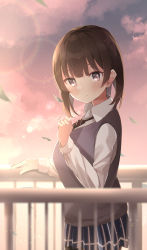 Rule 34 | 1girl, absurdres, akagikou, black hair, black necktie, black skirt, blurry, blurry foreground, blush, breasts, closed mouth, cloud, cloudy sky, collared shirt, commentary request, depth of field, diagonal-striped clothes, diagonal-striped necktie, diagonal-striped neckwear, eyebrows hidden by hair, grey eyes, hand up, highres, long sleeves, looking at viewer, looking to the side, medium breasts, necktie, original, outdoors, pleated skirt, railing, school uniform, shirt, skirt, sky, solo, striped clothes, striped necktie, striped neckwear, sunset, sweater vest, white shirt