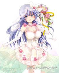Rule 34 | 1girl, :d, blush, bouquet, breasts, bridal veil, choker, cleavage, collarbone, cowboy shot, date a live, dress, elbow gloves, floating hair, flower, gloves, grey eyes, hair flower, hair ornament, hair ribbon, hibiki mio, holding, holding bouquet, izayoi miku, long hair, looking at viewer, medium breasts, open mouth, pink flower, purple hair, ribbon, short dress, simple background, sleeveless, sleeveless dress, smile, solo, standing, thighhighs, veil, very long hair, white background, white dress, white gloves, white ribbon, white thighhighs, zettai ryouiki