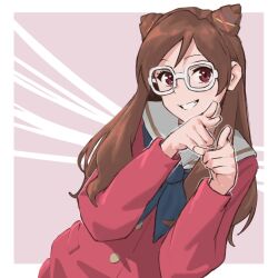 1girl brown_hair glasses grin hibike!_euphonium highres kamaya_suzume long_hair looking_at_viewer pointing pointing_at_viewer psylduck red_eyes school_uniform smile