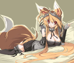 Rule 34 | 1girl, animal ears, bad id, bad pixiv id, bare shoulders, black thighhighs, blonde hair, breasts, cleavage, endou chihiro, female focus, fox, fox ears, fox tail, kuu (endou chihiro), lap, large breasts, long hair, lying, maid, maid headdress, on stomach, original, red eyes, simple background, skirt, solo, tail, thighhighs, thighs