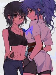 Rule 34 | 2girls, black shorts, breasts, brown eyes, closed mouth, crop top, cross, cross necklace, denim, fingerless gloves, glasses, gloves, hand on own hip, highres, hunter x hunter, inverted cross, inverted cross necklace, japanese clothes, jeans, jewelry, kiko, looking at viewer, machi komacine, medium breasts, multiple girls, necklace, pants, ponytail, red eyes, sash, shizuku murasaki, short hair, short sleeves, shorts, simple background, sleeveless, spider tattoo, tattoo