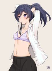 Rule 34 | 10s, 1girl, black hair, black skirt, bra, breasts, cleavage, commentary request, dated, fujisawa aya (gundam build divers), gundam, gundam build divers, hair tie in mouth, honda naoki, long hair, long sleeves, mouth hold, navel, open clothes, purple bra, purple eyes, shiny skin, side ponytail, skirt, small breasts, solo, stomach, striped bra, striped clothes, tying hair, underwear