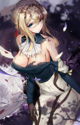 Rule 34 | 10s, 1girl, ascot, bare shoulders, black gloves, blonde hair, blue eyes, blush, braid, breasts, brooch, cleavage, closed mouth, commentary request, dated, detached collar, from above, gem, gloves, hair between eyes, hair intakes, hair ribbon, head tilt, highres, jewelry, large breasts, letter, long hair, long skirt, long sleeves, looking at viewer, looking up, rabbit (tukenitian), ribbon, shiny skin, side braid, signature, skirt, solo, string, torn clothes, tsurime, violet evergarden, violet evergarden (series), white ascot, white skirt