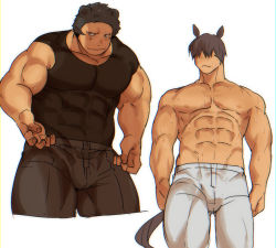 Rule 34 | 2boys, abs, animal ears, bad id, bad pixiv id, bara, bare shoulders, bear boy, bear ears, black eyes, black hair, blush, bulge, covered abs, covered navel, cropped legs, horse boy, horse ears, horse tail, large pectorals, male focus, multiple boys, muscular, navel, nipples, original, pants, pectorals, sagami jon, short hair, skin tight, sleeveless, tail, thick thighs, thighs, tight clothes, topless male, white background, white pants