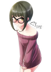 Rule 34 | 10s, 1girl, artist name, bad id, bad pixiv id, bare shoulders, black-framed eyewear, blunt bangs, blush, brown eyes, collarbone, cowboy shot, crying, crying with eyes open, dated, embarrassed, full-face blush, glasses, green hair, highres, kantai collection, looking at viewer, nekobaka, off shoulder, ribbed sweater, signature, simple background, solo, sweater, takanami (kancolle), tears, white background