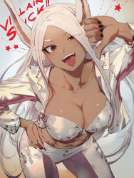 Rule 34 | 1girl, :d, abs, animal ears, black nails, boku no hero academia, breasts, brown eyes, cleavage, collarbone, cowboy shot, dark-skinned female, dark skin, hand on own hip, highres, jacket, large breasts, leaning forward, long hair, long sleeves, looking at viewer, midriff, mirko, nail polish, open clothes, open jacket, open mouth, pants, parted bangs, salmon88, smile, solo, standing, thumbs down, tongue, tongue out, uneven eyes, very long hair, white hair, white jacket, white pants