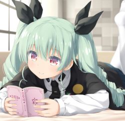Rule 34 | 10s, 1girl, anchovy (girls und panzer), black necktie, blurry, book, cape, closed mouth, colored eyelashes, depth of field, drill hair, eyebrows, girls und panzer, goribote, green hair, hair between eyes, hair ribbon, holding, holding book, indoors, long hair, long sleeves, necktie, open book, panties, pantyhose, reading, red eyes, ribbon, shirt, smile, solo, twin drills, twintails, underwear, white hair, white shirt, window