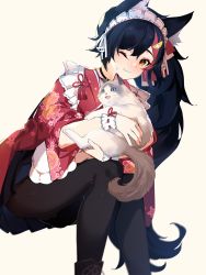 Rule 34 | 1girl, animal, animal ear fluff, animal ears, black footwear, black hair, black pantyhose, blue eyes, blurry, blush, brown eyes, cat, depth of field, female focus, hair between eyes, highres, holding, holding animal, holding cat, hololive, invisible chair, long hair, mania (fd6060 60), one eye closed, ookami mio, ookami mio (new year), pantyhose, simple background, sitting, skirt, solo, sweat, tail, very long hair, virtual youtuber, wolf ears, wolf tail