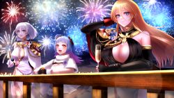 Rule 34 | 3girls, arm behind head, arm under breasts, azur lane, bismarck (azur lane), bismarck (beacon of the iron blood) (azur lane), black dress, black gloves, blonde hair, blue eyes, blue hair, breasts, capelet, champagne flute, cleavage, cleavage cutout, clothing cutout, cup, detached sleeves, dress, drinking glass, fingerless gloves, fireworks, glass, gloves, holding, holding cup, large breasts, against railing, light blue hair, long hair, looking at viewer, looking up, medium hair, multiple girls, neconel, night, night sky, official alternate costume, red eyes, short hair, sky, tirpitz (azur lane), tirpitz (iron blood snowstorm) (azur lane), u-556 (azur lane), u-556 (party knight!) (azur lane), white dress, white gloves, white hair, wine glass