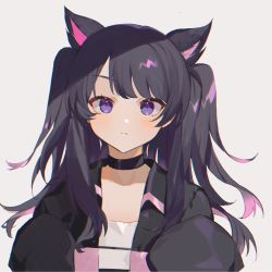 Rule 34 | 1girl, animal ears, bad id, bad twitter id, black choker, black hair, black jacket, blush, cat ears, cat girl, choker, eyebrows hidden by hair, frown, grey background, highres, indie virtual youtuber, jacket, nima (nimamann), portrait, second-party source, shimotsuki miri, shirt, sleeves past fingers, sleeves past wrists, smile, solo, two side up, virtual youtuber, white shirt