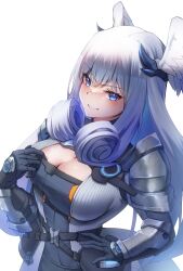 Rule 34 | 1girl, absurdres, armor, bare shoulders, black gloves, blue eyes, blue hair, breasts, cleavage, cleavage cutout, clothing cutout, cosplay, ethel (xenoblade), ethel (xenoblade) (cosplay), from below, gloves, grey hair, hand on own chest, hand on own hip, head wings, highres, large breasts, long hair, looking at viewer, melia antiqua, monolith soft, multicolored hair, photoshop (medium), sabanomi soni, shoulder armor, sidelocks, siebolds demon, smile, solo, v-shaped eyebrows, white background, wings, xeno (series), xenoblade chronicles (series), xenoblade chronicles 3