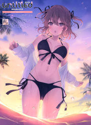 Rule 34 | 1girl, 6u (eternal land), absurdres, artist name, bare shoulders, bikini, blush, bow, bowtie, breasts, brown hair, cloud, cloudy sky, collarbone, fingernails, front-tie bikini top, front-tie top, gradient sky, hair bow, highres, looking at viewer, medium breasts, navel, off shoulder, open mouth, original, outdoors, partially submerged, scan, short twintails, side-tie bikini bottom, simple background, sky, sleeves past wrists, solo, stomach, sunset, swimsuit, thighs, twintails, wading, water, water drop