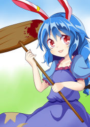 Rule 34 | 1girl, :3, :d, animal ears, blue hair, rabbit ears, dress, earclip, frilled sleeves, frills, keyaki chimaki, mallet, open mouth, puffy short sleeves, puffy sleeves, red eyes, seiran (touhou), short sleeves, smile, stain, touhou