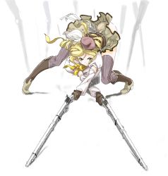 Rule 34 | 10s, 1girl, ass, bent over, beret, blonde hair, boots, brown thighhighs, chikuwa (tks), corset, crossed arms, detached sleeves, drill hair, dual wielding, field of blades, fingerless gloves, full body, gloves, gun, hair ornament, hairpin, hat, holding, long hair, magical musket, mahou shoujo madoka magica, mahou shoujo madoka magica (anime), musket, pleated skirt, puffy sleeves, rifle, simple background, skirt, solo, striped clothes, striped thighhighs, thighhighs, tomoe mami, twin drills, twintails, vertical-striped clothes, vertical-striped thighhighs, weapon, white background, yellow eyes, zettai ryouiki
