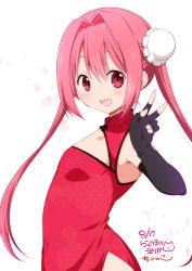 Rule 34 | 1girl, artist name, bad id, bad pixiv id, bun cover, chikanoko, china dress, chinese clothes, copyright name, dated, double bun, dress, fingerless gloves, gloves, hair bun, long hair, looking at viewer, open mouth, original, pink hair, ragho no erika, red eyes, smile, solo, tsugou makina, twintails, v