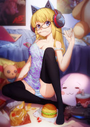 Rule 34 | 1girl, :3, = =, absurdres, animal ear headphones, animal ears, bed, black thighhighs, blonde hair, blue eyes, breasts, brown-framed eyewear, burger, camisole, cat ear headphones, cellphone, chips (food), closed mouth, collarbone, commentary request, computer, copyright name, drink, drinking straw, eating, fake animal ears, food, glasses, head tilt, headphones, highres, holding, holding food, indoors, ketchup, laptop, long hair, looking at viewer, medium breasts, mouth hold, no pants, on floor, original, panties, paper, persona, persona 5, phone, playstation controller, pocky, poster (object), potato chips, sitting, smartphone, solo, strap slip, striped clothes, striped panties, stuffed animal, stuffed toy, takamaki anne, teddy bear, thighhighs, tupiao shaonu, underwear, unworn panties