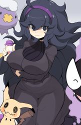 Rule 34 | 1girl, @ @, ahoge, alternate breast size, black dress, black eyes, black hair, bottle, breasts, closed mouth, creatures (company), dress, drifloon, game freak, gastly, gen 1 pokemon, gen 4 pokemon, gen 7 pokemon, hair between eyes, hairband, hex maniac (pokemon), highres, jellcaps, large breasts, long dress, long sleeves, matching hair/eyes, messy hair, milk bottle, mimikyu, moomoo milk, nintendo, pokemon, pokemon (creature), pokemon xy, smile, turtleneck, turtleneck dress, wavy mouth