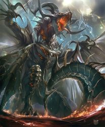 Rule 34 | 10s, artist request, claws, cloud, cloudy sky, cygames, dragon, dragon horns, dragon tail, dragon wings, fire, glowing, glowing mouth, horns, knee up, lightning, multiple wings, no humans, ocean, official art, open mouth, orange eyes, rahab, scales, shadowverse, shingeki no bahamut, sky, spines, tail, teeth, tongue, tongue out, water, wings