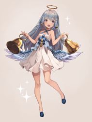 Rule 34 | 1girl, :d, bad id, bad pixiv id, bare legs, beige background, bell, bellringer angel, blue hair, blue wings, blush, criss-cross halter, dress, feathered wings, full body, hair ornament, hairclip, halo, halterneck, long hair, looking at viewer, open mouth, riku (wana), shadowverse, sidelocks, simple background, smile, solo, white dress, wings