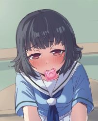 Rule 34 | 1girl, bang dream!, black hair, blush, condom, condom in mouth, condom wrapper, looking at viewer, mouth hold, red eyes, sailor collar, school uniform, solo, tamaguu (lanev0), ushigome rimi