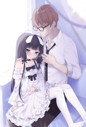 Rule 34 | 1boy, 1girl, black-framed eyewear, black bow, black collar, black eyes, black hair, black necktie, black pants, bow, brown hair, chain, collar, collared shirt, commentary request, couch, dress, frilled sleeves, frills, glasses, hair bow, holding, juliet sleeves, long hair, long sleeves, necktie, no shoes, off-shoulder dress, off shoulder, on couch, original, pants, pantyhose, puffy sleeves, red bow, red eyes, shirt, sitting, sleeves past wrists, usagimiko, very long hair, white dress, white pantyhose, white shirt