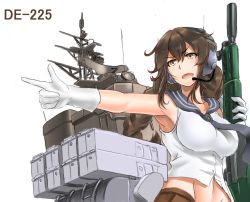 Rule 34 | 1girl, armpits, bad id, bad pixiv id, braid, breasts, brown eyes, brown hair, brown skirt, character name, gloves, gun, headset, kantai collection, large breasts, long hair, midriff, navel, noshiro (kancolle), open mouth, outstretched arm, pointing, saizu nitou gunsou, school uniform, serafuku, skirt, sleeveless, solo, twin braids, weapon, weapon request, white background, white gloves