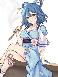 Rule 34 | 1girl, arm support, belt, blue eyes, blue hair, blue kimono, breasts, chisel, cleavage, commentary, crossed legs, english commentary, flower, hair ornament, hair rings, hair stick, highres, holding, holding smoking pipe, japanese clothes, kaku seiga, kimono, large breasts, looking at viewer, ofuda, orchid (orukido), parted lips, pink flower, right-over-left kimono, short hair, simple background, sitting, sketch, smile, smoke, smoking pipe, socks, solo, touhou, vest, white background, white socks, white vest