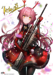 Rule 34 | 1girl, absurdres, anti-materiel rifle, antlers, artist name, black gloves, blush, character name, closed mouth, cowboy shot, denel land systems, dress, elbow gloves, fur trim, girls&#039; frontline, gloves, gun, highres, holding, holding gun, holding weapon, horns, kyjsogom, long hair, ntw-20, ntw-20 (girls&#039; frontline), ntw-20 (xmas reindeer) (girls&#039; frontline), official alternate costume, pantyhose, purple hair, red dress, rifle, scope, signature, sniper rifle, solo, watermark, weapon, web address, yellow eyes