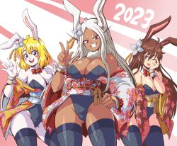Rule 34 | 2023, 3girls, animal ears, blonde hair, boku no hero academia, bow, bowtie, breasts, carrot (one piece), chinese zodiac, cleavage, crossover, dark-skinned female, dark skin, detached collar, female focus, fishnet thighhighs, fishnets, floral print, flower, furry, furry female, gluteal fold, grey hair, grin, hair flower, hair ornament, hand on own hip, highres, japanese clothes, kimono, large breasts, leotard, leotard under clothes, lewdamone, long eyelashes, mirko, multiple crossover, multiple girls, obi, one eye closed, one piece, open clothes, open kimono, playboy bunny, rabbit ears, rabbit girl, red bow, red bowtie, rwby, sash, smile, standing, strapless, strapless leotard, thigh gap, thighhighs, tongue, tongue out, trait connection, v, velvet scarlatina, white fur, wink, year of the rabbit
