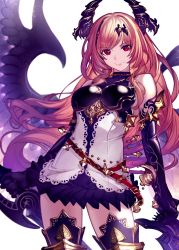 Rule 34 | 1girl, absurdres, black gloves, black skirt, blonde hair, breasts, closed mouth, dark angel olivia, elbow gloves, gloves, granblue fantasy, hair ornament, highres, holding, holding weapon, horns, legs, long hair, looking at viewer, medium breasts, red eyes, shadowverse, shingeki no bahamut, simple background, skirt, smile, solo, thighhighs, thighs, very long hair, weapon, wings, yurika0207