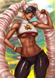 Rule 34 | 1girl, abs, arm up, arms (game), blonde hair, bracelet, breasts, dandon fuga, dark skin, dark-skinned female, drill hair, earrings, covered erect nipples, female focus, green eyes, hand on own hip, jewelry, lips, long hair, looking at viewer, mask, muscular, muscular female, navel, pink hair, revision, solo, thighs, toned, twin drills, twintelle (arms), underboob, very long hair