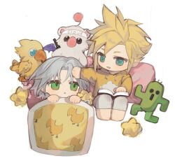 Rule 34 | 2boys, :o, aged down, alternate costume, blonde hair, blue eyes, book, character doll, chibi, chocobo, cloud strife, earrings, final fantasy, final fantasy vii, final fantasy vii ever crisis, full body, grey hair, grey pants, head on pillow, headpat, holding, holding book, hood, hood down, hoodie, jewelry, knees up, looking at another, looking down, male focus, maomaoyu, moogle, multiple boys, on pillow, open book, open mouth, pants, parted bangs, pillow, sabotender, sephiroth, short hair, sitting, smile, spiked hair, star (symbol), stud earrings, stuffed animal, stuffed toy, time paradox, under covers, white background, yellow hoodie