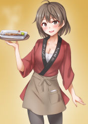 Rule 34 | 1girl, anti (untea9), apron, black pantyhose, brown apron, cowboy shot, fish, fish (food), food, fruit, gradient background, highres, holding, holding tray, japanese clothes, kantai collection, kimono, lemon, long sleeves, looking at viewer, oboro (kancolle), official alternate costume, pantyhose, pocket, red kimono, red shirt, shirt, smile, solo, tartar sauce, tray, twitter username, waitress, wide sleeves, yellow background