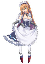 Rule 34 | 1girl, apron, azur lane, belfast (azur lane), belfast (azur lane) (cosplay), blush, breasts, brown hair, character request, cleavage, copyright request, cosplay, dress, full body, girls&#039; frontline, gloves, green eyes, hair between eyes, highres, jjuwaap, large breasts, long hair, looking at viewer, maid, maid headdress, open mouth, simple background, skirt, smile, solo, springfield (girls&#039; frontline), standing, tagme, white background, white legwear