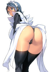 Rule 34 | 1girl, ass, bent over, black hair, black thighhighs, breasts, highres, homare (fool&#039;s art), huge ass, huge breasts, iroha (samurai spirits), looking back, maid, maid headdress, panties, samurai spirits, short hair, simple background, snk, solo, thighhighs, thighs, thong, underwear, white background, wide hips