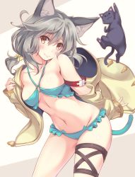 Rule 34 | &gt; &lt;, 10s, 1girl, :3, animal, animal ears, aqua bikini, bikini, black cat, blue bikini, blush, bow, breasts, brown eyes, cat, cat ears, closed eyes, closed mouth, collarbone, erune, frilled bikini, frills, granblue fantasy, grey hair, hair between eyes, hair bow, has bad revision, has downscaled revision, head tilt, itoichi., jacket, long hair, long sleeves, looking at viewer, low-tied long hair, md5 mismatch, medium breasts, navel, open clothes, open jacket, resolution mismatch, sen (granblue fantasy), short hair, simple background, small breasts, smile, solo, source smaller, swimsuit, thigh strap, underboob, whiskers, white background, yellow bow, yellow jacket