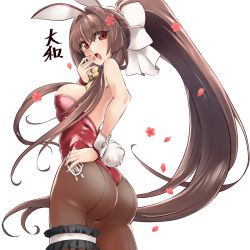 Rule 34 | 1girl, animal ears, ass, back-seamed legwear, bridal garter, brown hair, brown pantyhose, character name, cherry blossoms, commentary request, cowboy shot, detached collar, fake animal ears, female focus, flower, gold bowtie, hair flower, hair ornament, hand on own hip, highleg, highleg leotard, kantai collection, leotard, long hair, looking at viewer, pantyhose, petals, playboy bunny, ponytail, rabbit ears, rabbit tail, red eyes, red leotard, seamed legwear, simple background, solo, strapless, strapless leotard, tail, thong leotard, udukikosuke, white background, wrist cuffs, yamato (kancolle)